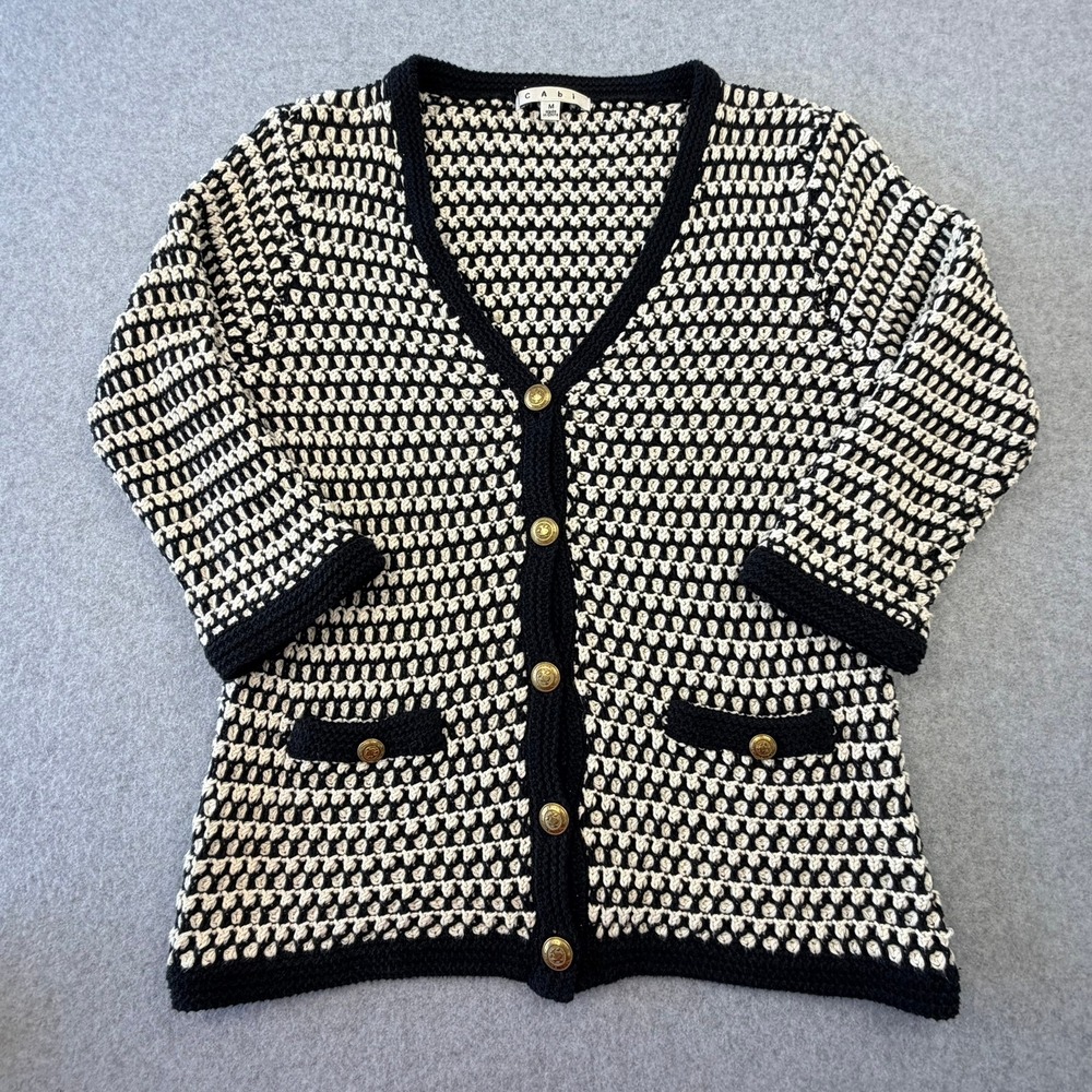 Cabi Black Cream Cotton Crochet Cardigan Sweater Gold Buttons Womens Medium